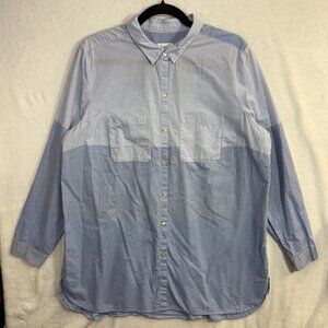 JJill L Button Down Tunic Shirt Blue Colorblock Cotton Oversized Minimalist Soft